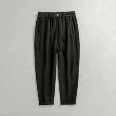 Men's summer loose linen ankle pants, elastic waist linen pants