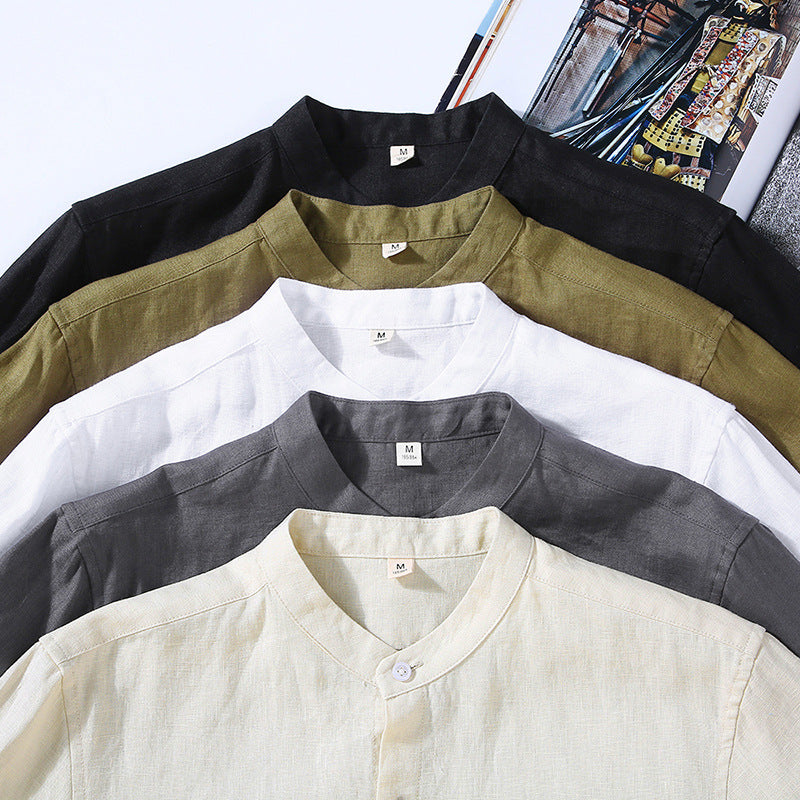 Standing collar long sleeve linen shirt, 5 colours 100% linen shirt, Chinese men's summer shirt