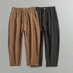 Summer men's loose linen ankle pants, elastic waist linen pants