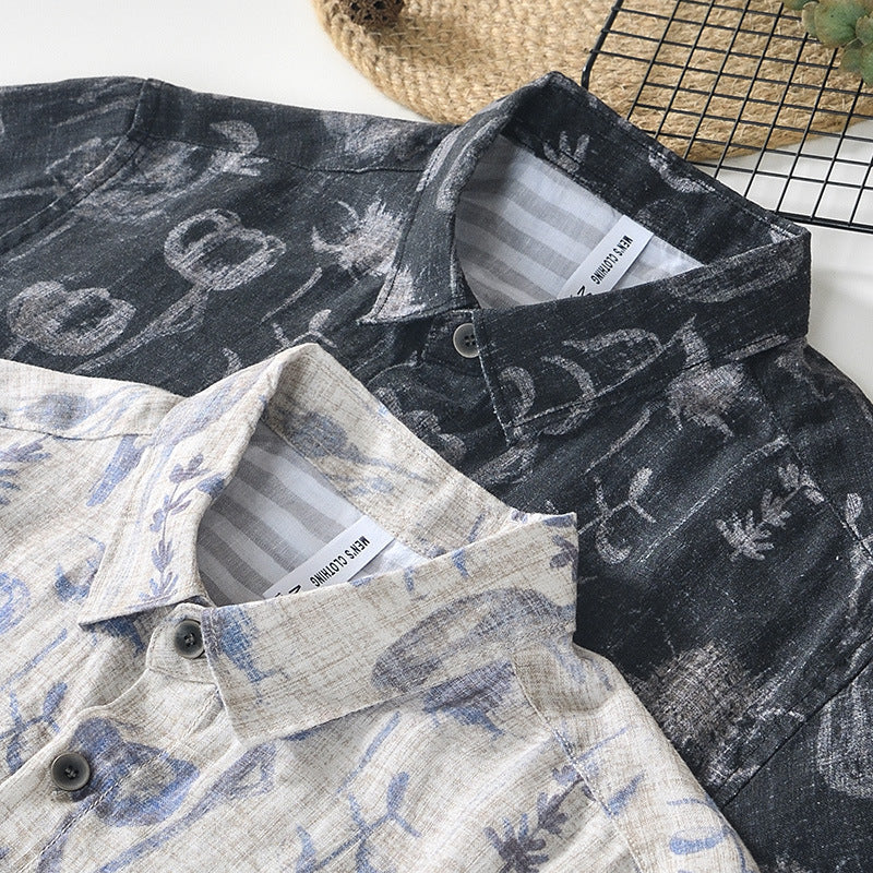 Printed Floral Linen Shirt, Summer Short Sleeve 100% Linen Shirt