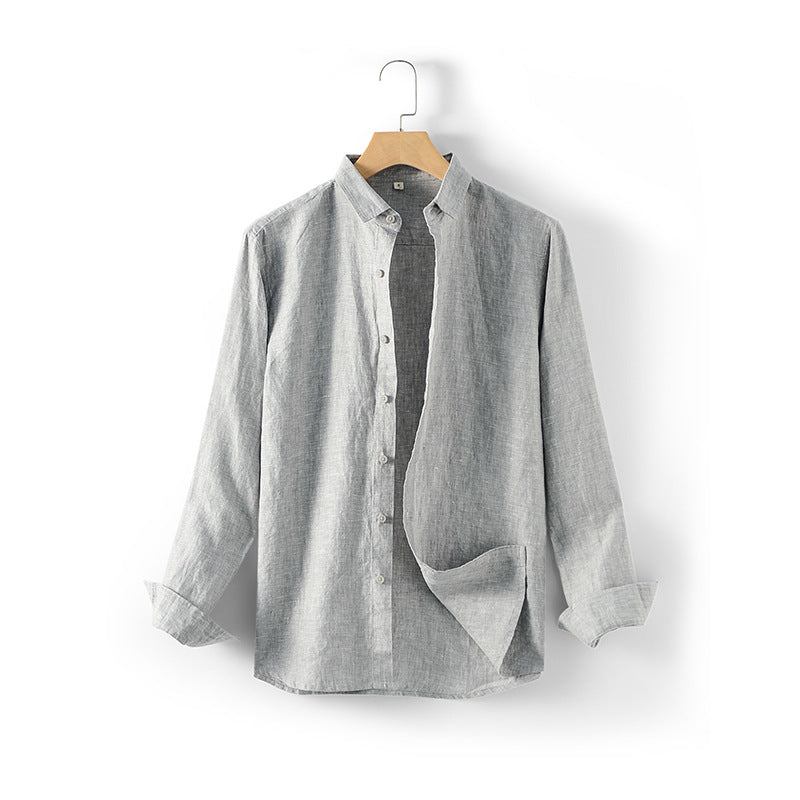 Men's long sleeve stand-up collar linen shirt, 100% linen shirt