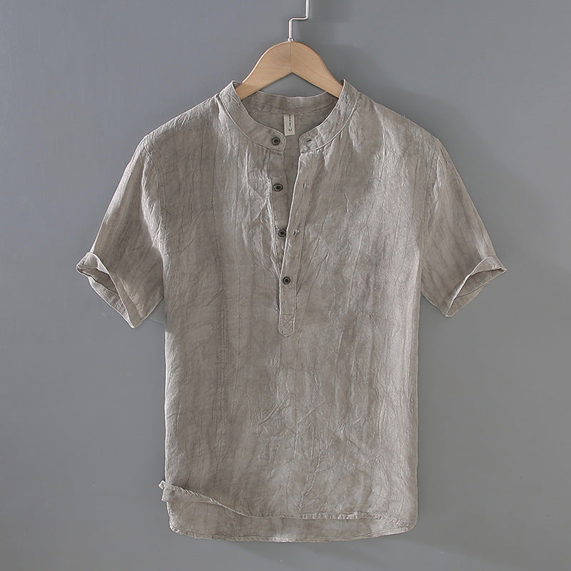 Standing collar linen shirt, summer short sleeve 100% linen shirt