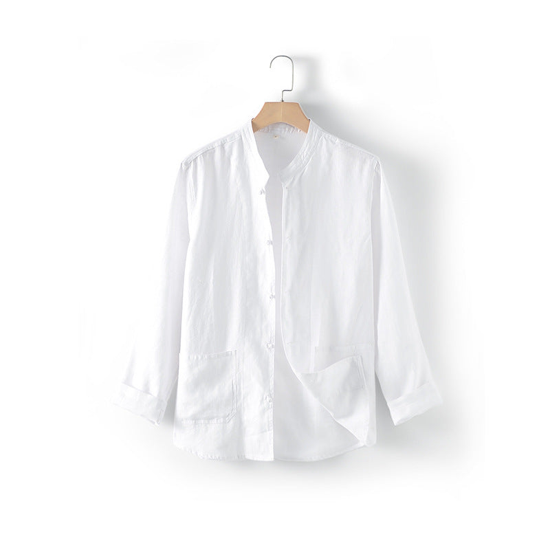 Long Sleeve Standing Collar Linen Shirt, Men's 100% Linen Shirt