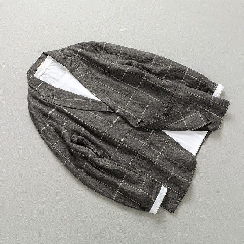 Plaid Linen Suit Jacket, Vintage Chinese Casual Cotton and Linen Suit Jacket