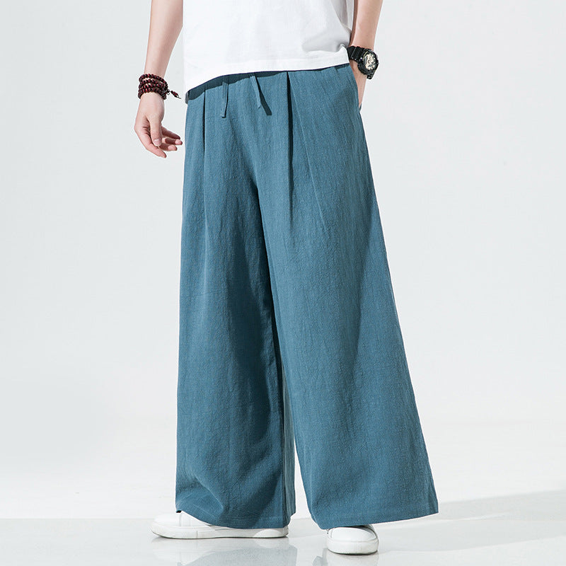 Elastic Waist Cotton Linen Wide Leg Pants, Men's Casual Cotton Linen Wide Leg Pants