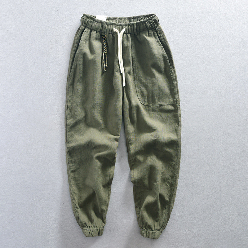 Men's summer cotton linen tapered pants, elastic waist cotton linen ankle pants with decoration