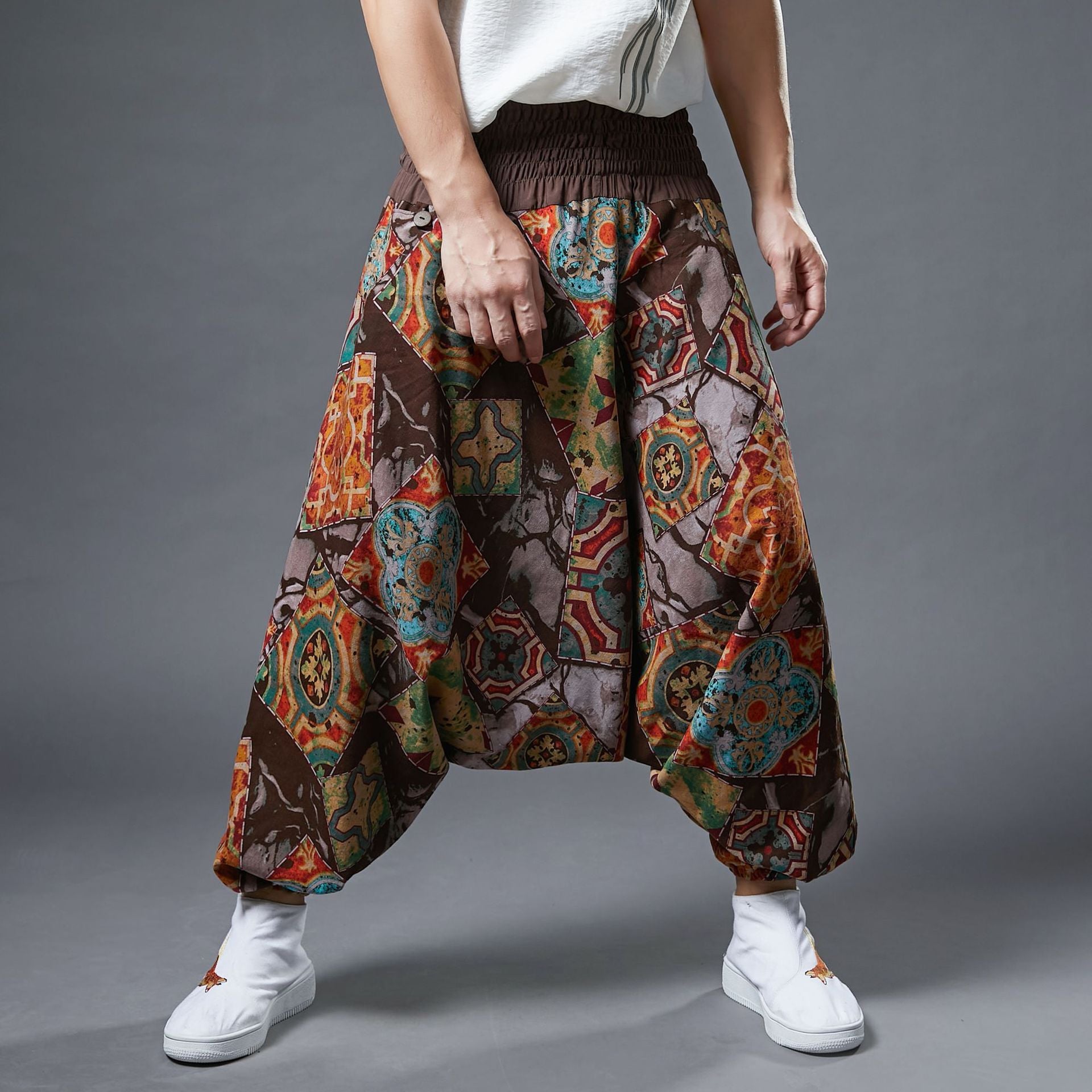 Men's cotton linen harem pants, elasticated waistband vintage cotton linen trousers