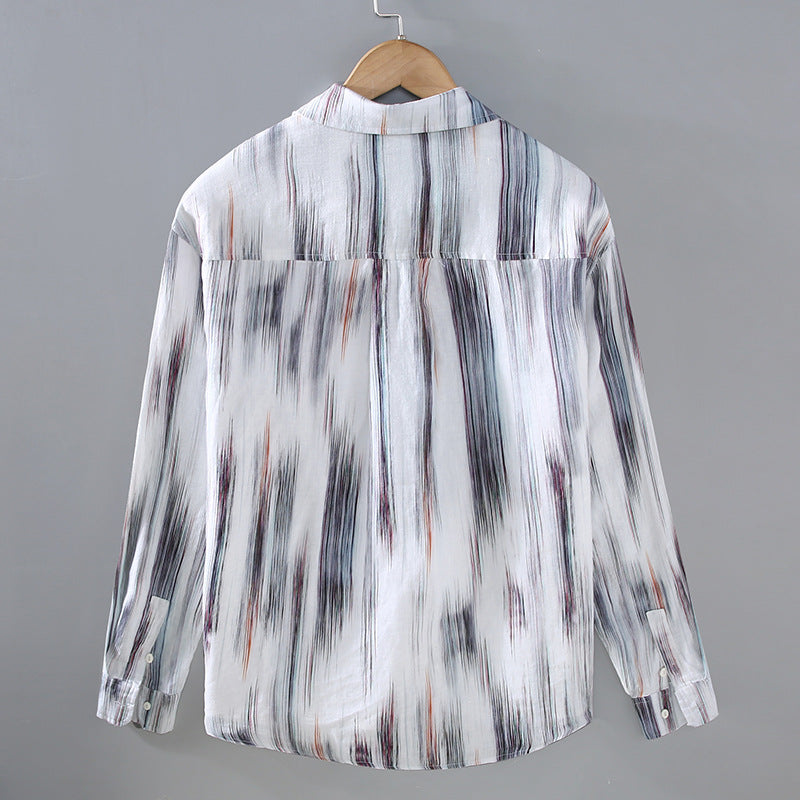 100% Linen Printed Long Sleeve Shirt, Summer Loose 100% Linen Shirt