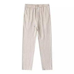 Men's summer linen ankle pants, loose casual elastic waist tie linen pants