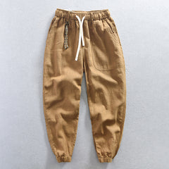 Men's summer cotton linen tapered pants, elastic waist cotton linen ankle pants with decoration