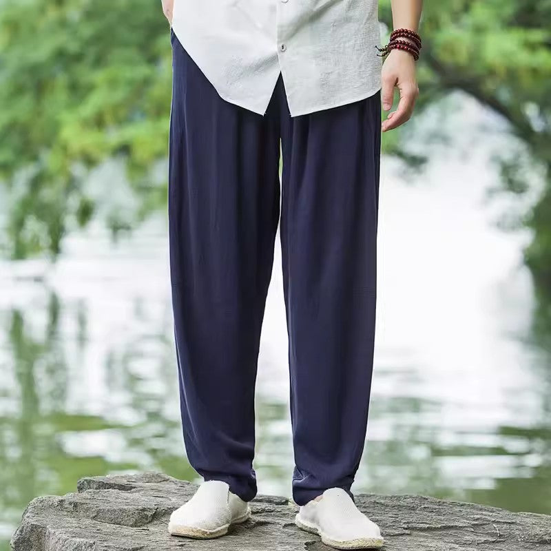 Men's Cotton Linen Casual Pants, Loose Elastic Waist Cotton Linen Tapered Pants