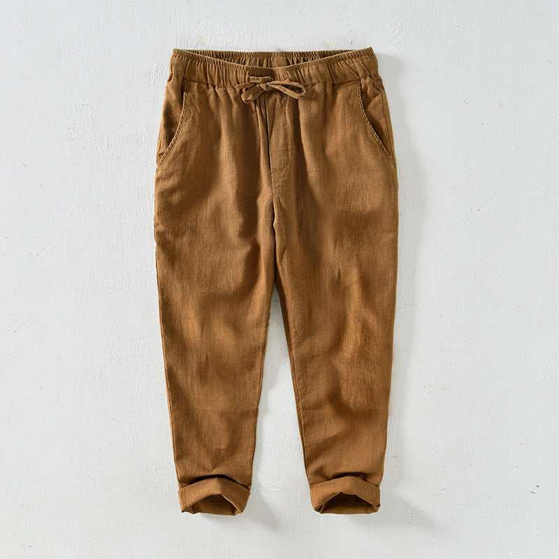 Men's Summer Cotton Linen Pants, Elastic Waist Loose Casual Cotton Linen Ankle Pants