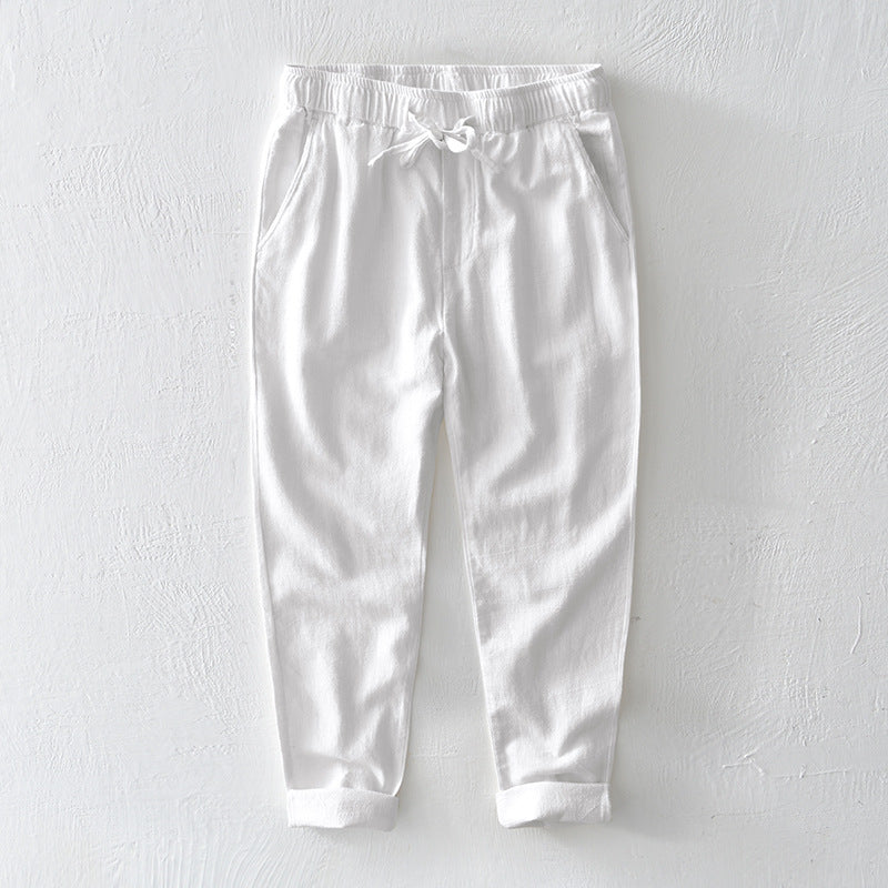 Men's Summer Cotton Linen Pants, Elastic Waist Loose Casual Cotton Linen Ankle Pants