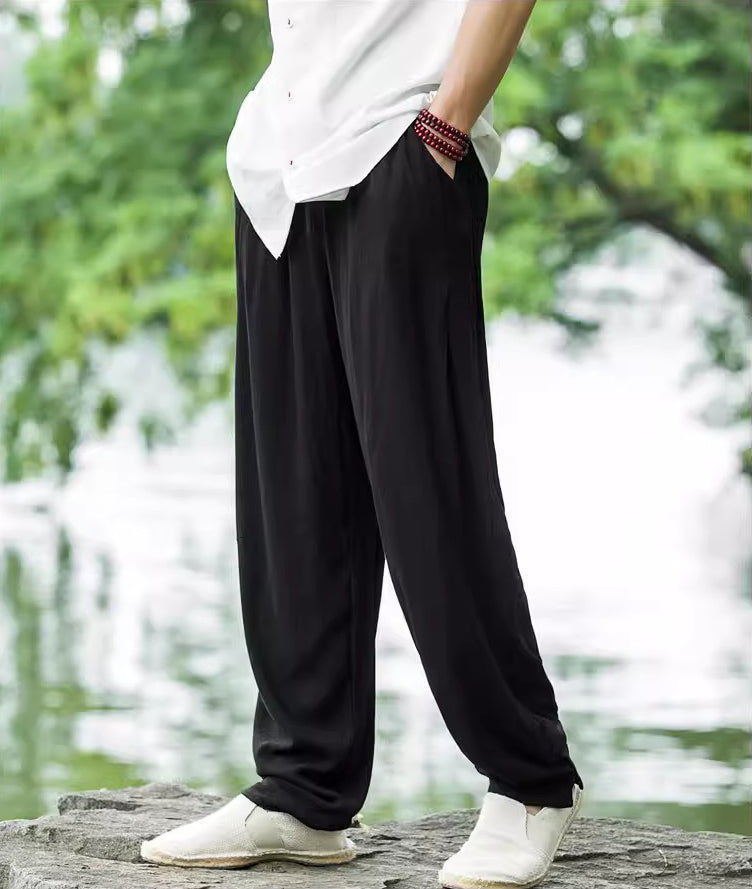 Men's Cotton Linen Casual Pants, Loose Elastic Waist Cotton Linen Tapered Pants