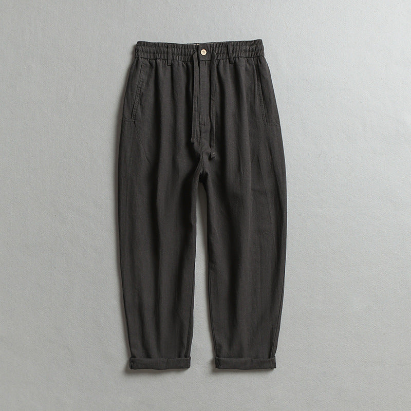 Summer men's loose linen ankle pants, elastic waist linen pants