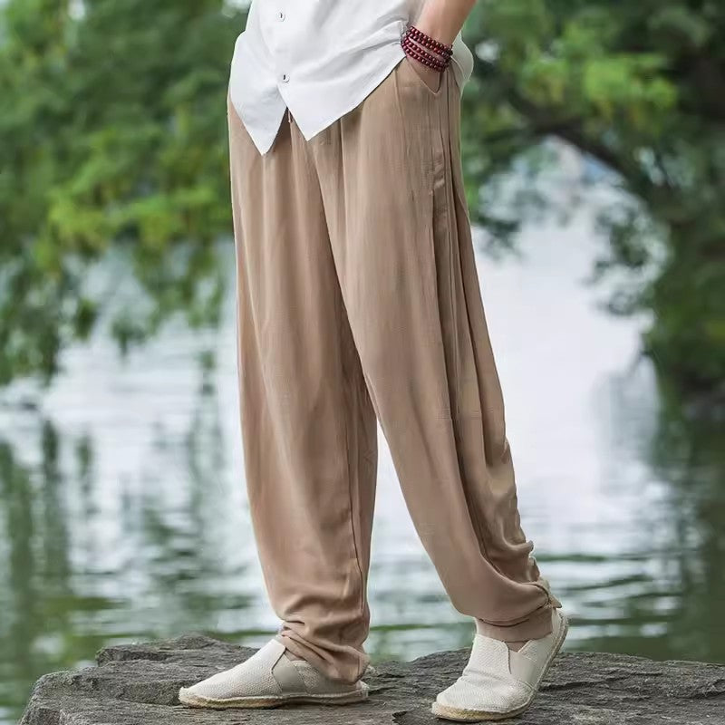 Men's Cotton Linen Casual Pants, Loose Elastic Waist Cotton Linen Tapered Pants