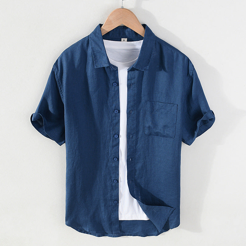 Men's summer short-sleeved linen shirt, stand-up collar loose 100% linen shirt