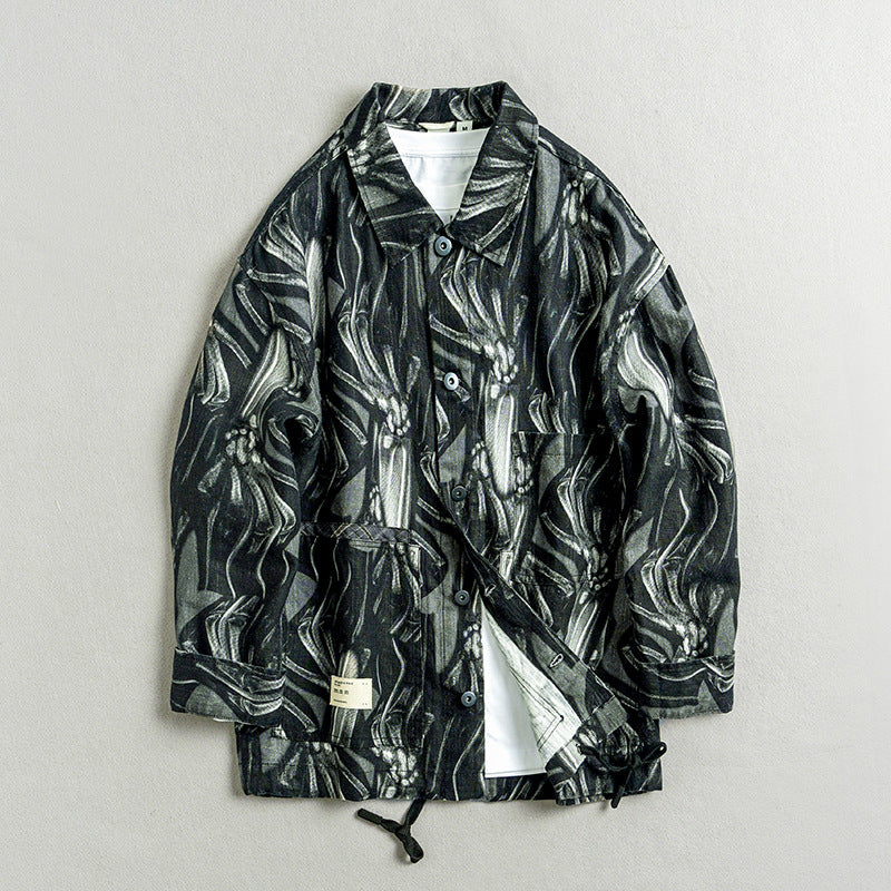 Printed Linen Jacket, Men's Loose Casual Cotton Linen Jacket