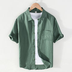 Men's summer short-sleeved linen shirt, stand-up collar loose 100% linen shirt