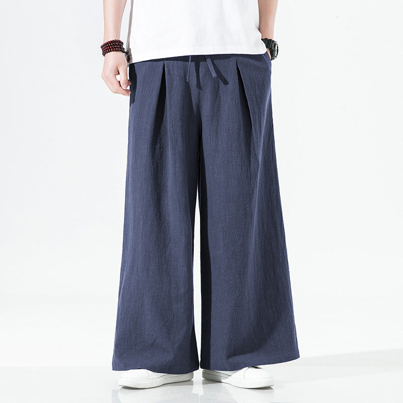 Elastic Waist Cotton Linen Wide Leg Pants, Men's Casual Cotton Linen Wide Leg Pants