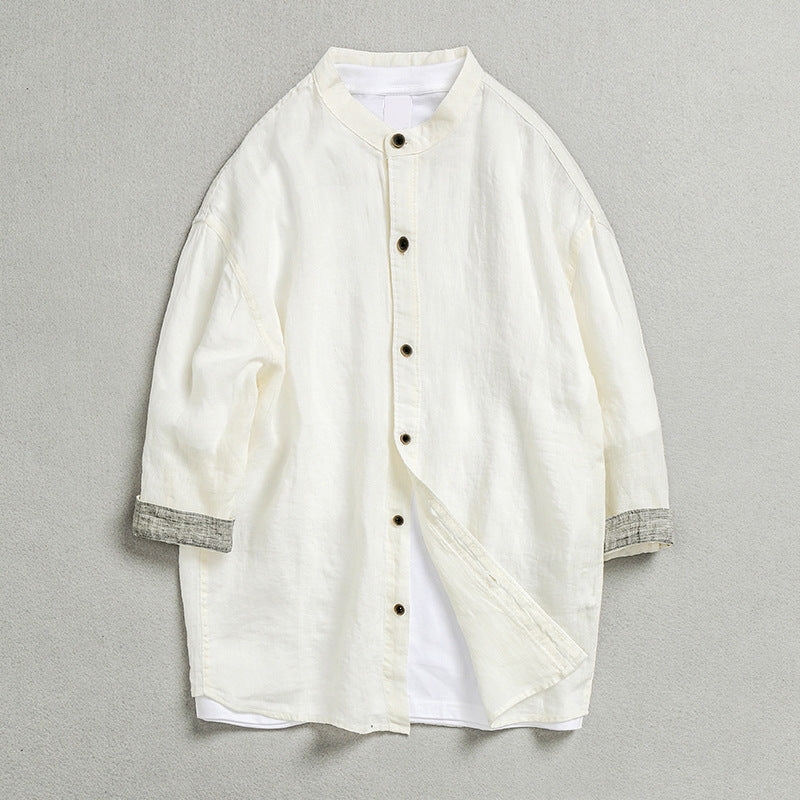 100% linen shirt, 5-color stand up collar casual loose oversized linen shirt, men's summer linen shirt