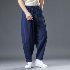 Summer Men's Cotton Linen Tapered Pants, Vintage Loose Casual Elastic Waist Straight Leg Pants