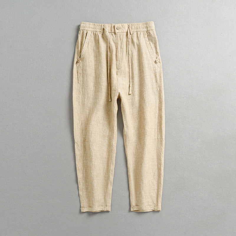 Summer loose linen ankle pants, elastic waist linen pants