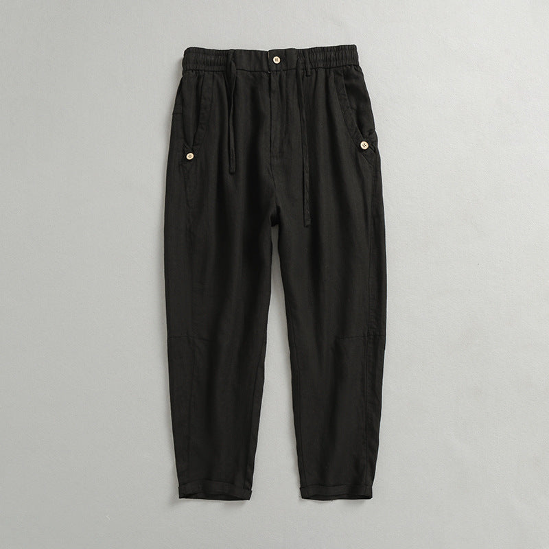 Summer loose linen ankle pants, elastic waist linen pants