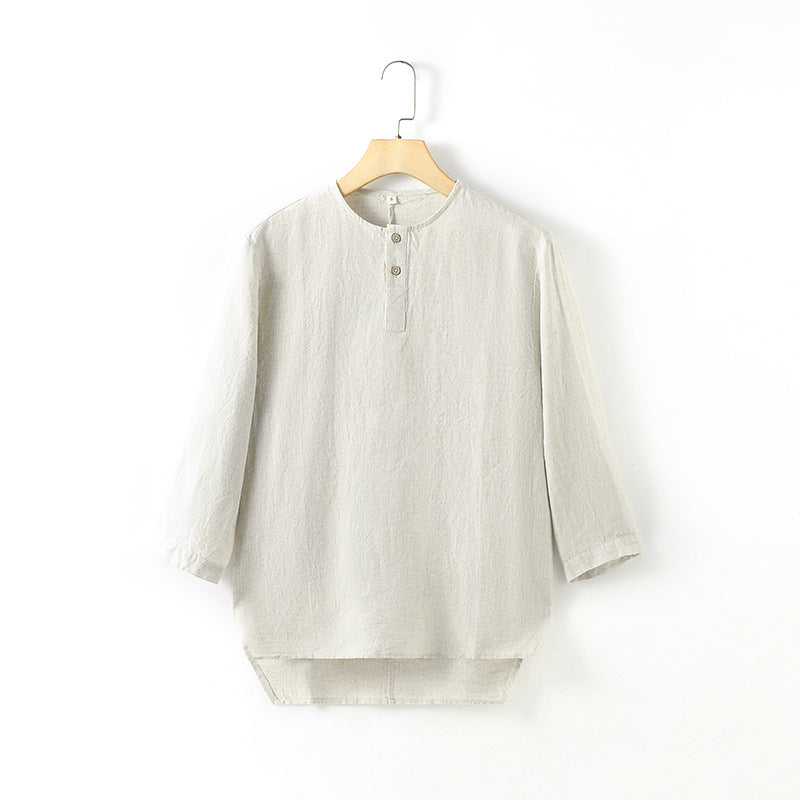 Vintage Linen Half Sleeve Shirt, Loose Boat Neck Casual Linen Shirt