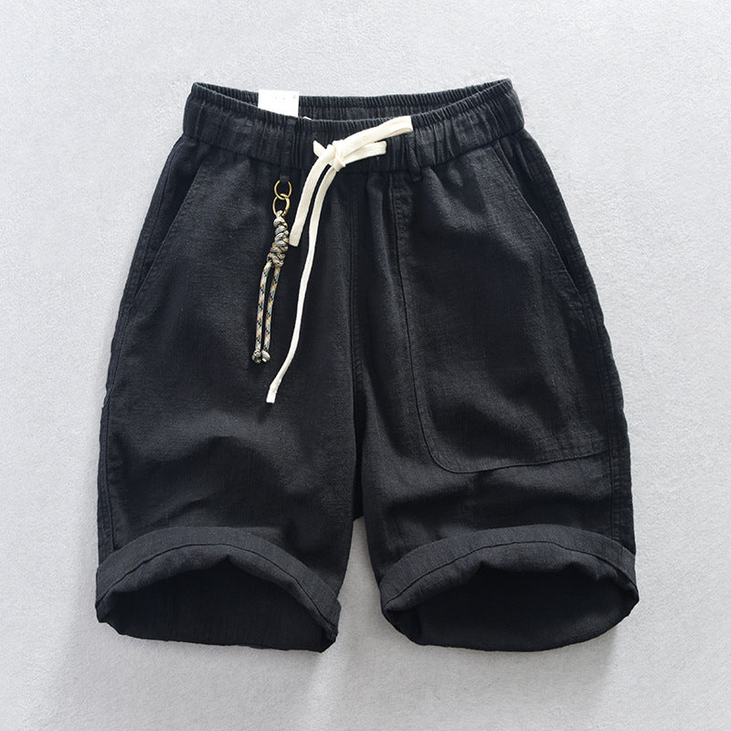 Men's summer cotton linen shorts, elastic waist cotton linen  shorts with decoration