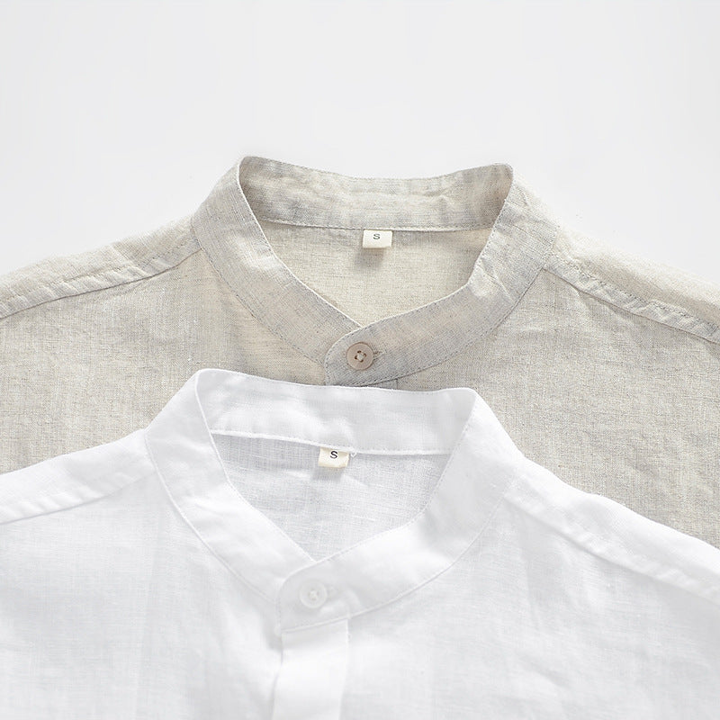 Summer stand-up collar short sleeve linen shirt, vintage frog button 100% linen shirt