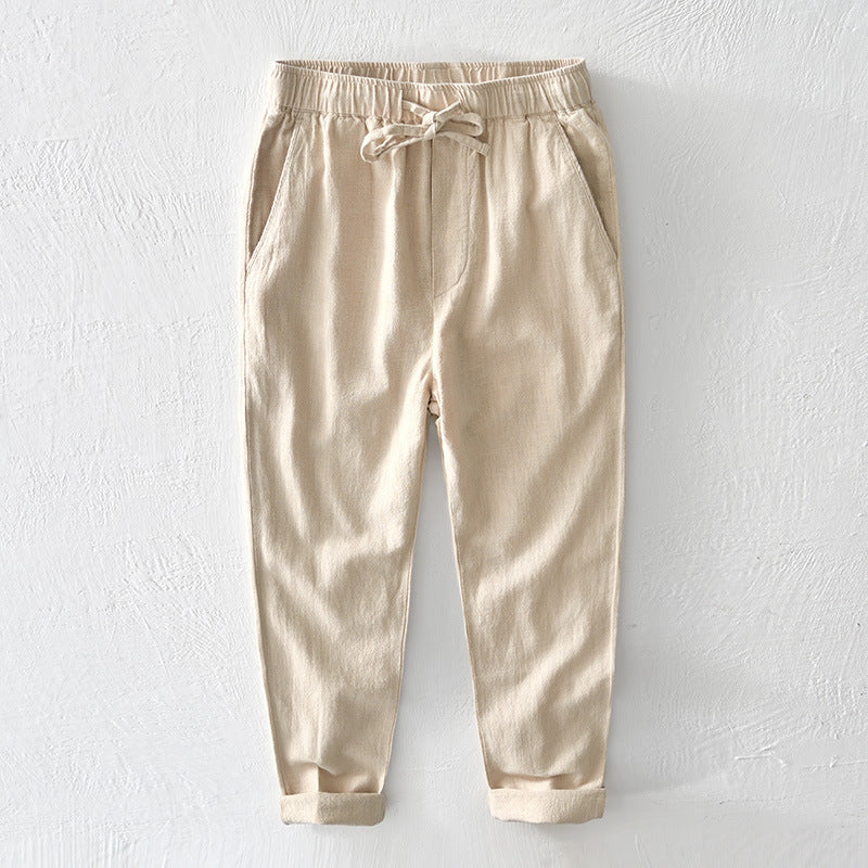 Men's Summer Cotton Linen Pants, Elastic Waist Loose Casual Cotton Linen Ankle Pants