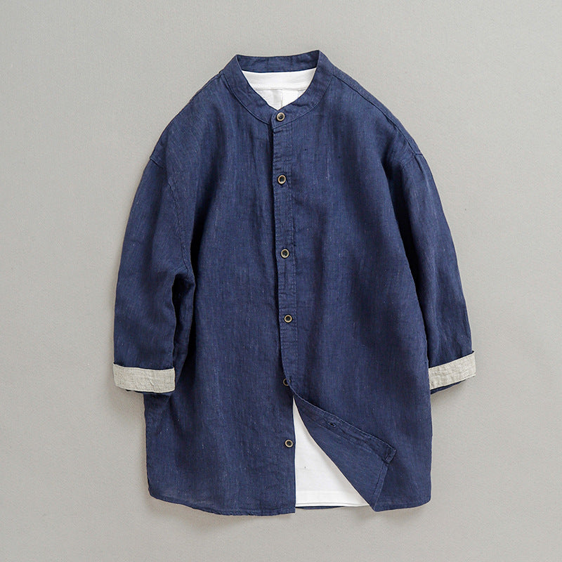 100% linen shirt, 5-color stand up collar casual loose oversized linen shirt, men's summer linen shirt