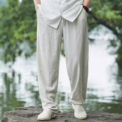 Men's Cotton Linen Casual Pants, Loose Elastic Waist Cotton Linen Tapered Pants