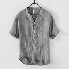 Henry collar 100% linen shirt, vintage loose casual pleated linen shirt