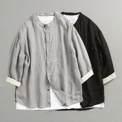 100% linen shirt, stand up collar casual loose oversized linen shirt, men's summer linen shirt