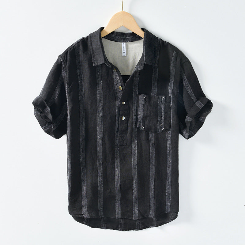 Men's summer striped short-sleeved linen shirt, stand-up collar loose 100% linen shirt