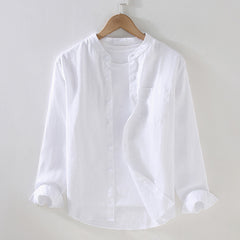 Standing collar long sleeve linen shirt with pockets, 6 colours 100% linen shirt, Chinese men's summer shirt