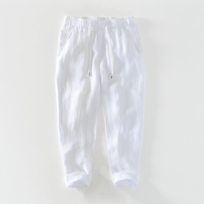 Men's summer linen ankle pants, loose casual elastic waist tie linen pants