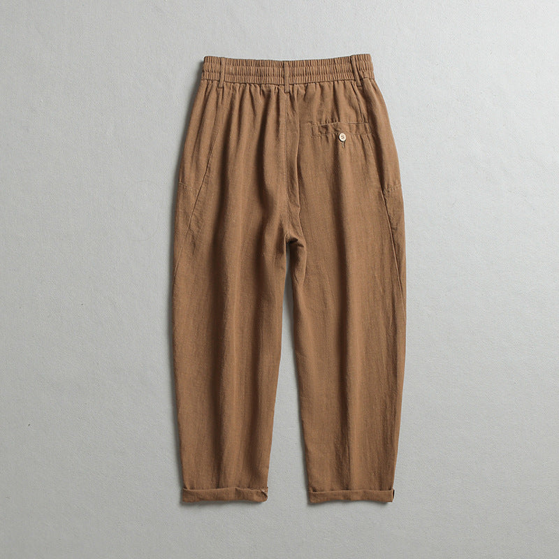 Summer men's loose linen ankle pants, elastic waist linen pants