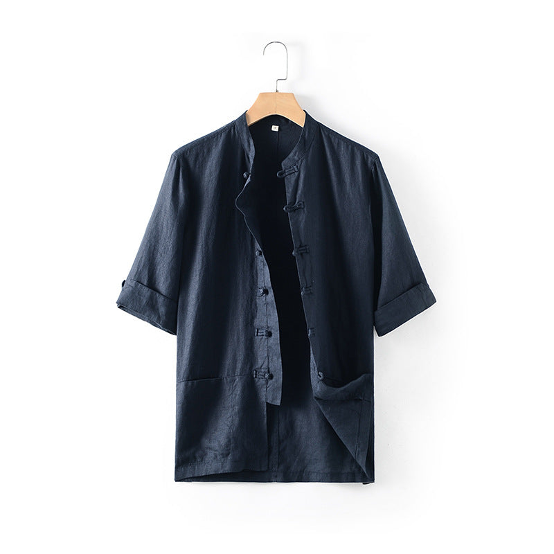 Casual half sleeve linen shirt, vintage men's linen shirt