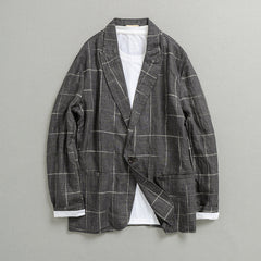 Plaid Linen Suit Jacket, Vintage Chinese Casual Cotton and Linen Suit Jacket