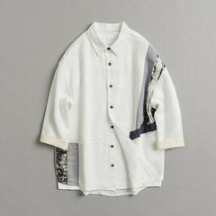 100% linen shirt, men's patchwork loose casual linen shirt