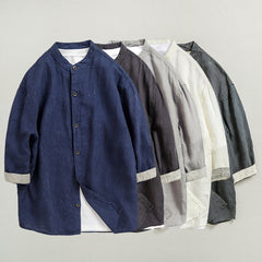 100% linen shirt, 5-color stand up collar casual loose oversized linen shirt, men's summer linen shirt