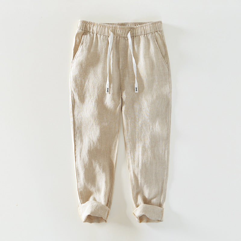 Men's summer linen ankle pants, loose casual elastic waist tie linen pants