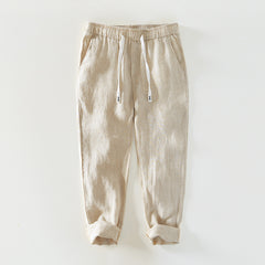 Men's summer linen ankle pants, loose casual elastic waist tie linen pants