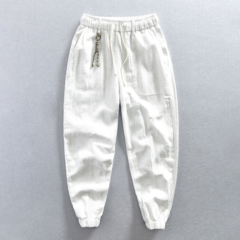 Men's summer cotton linen tapered pants, elastic waist cotton linen ankle pants with decoration