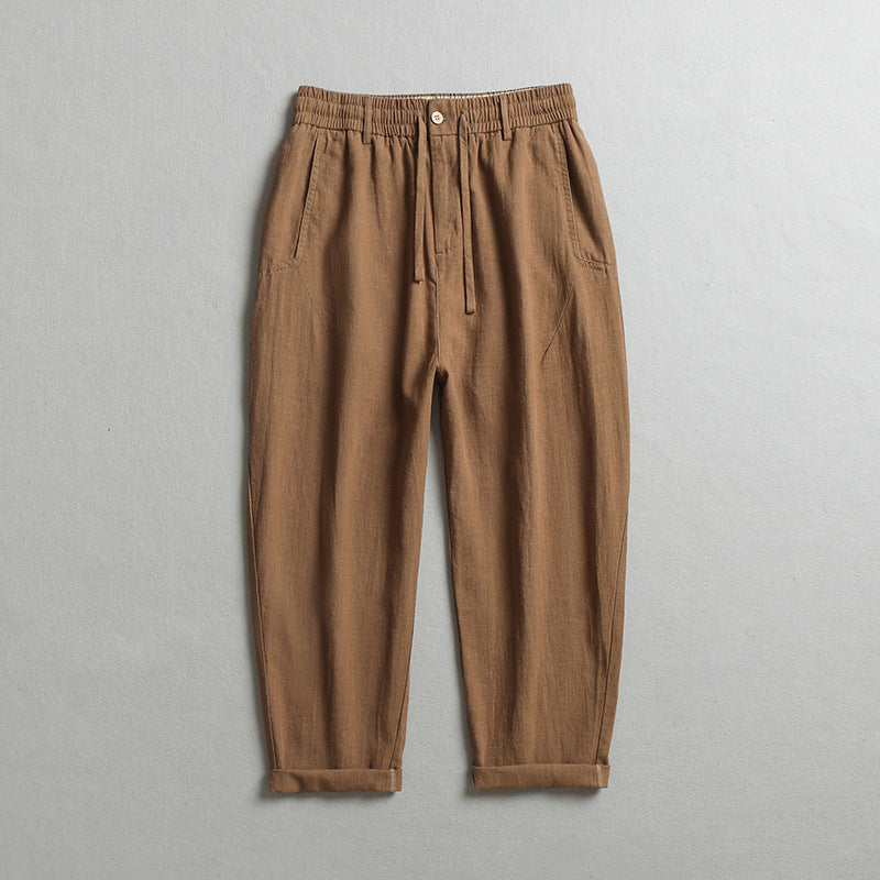 Summer men's loose linen ankle pants, elastic waist linen pants