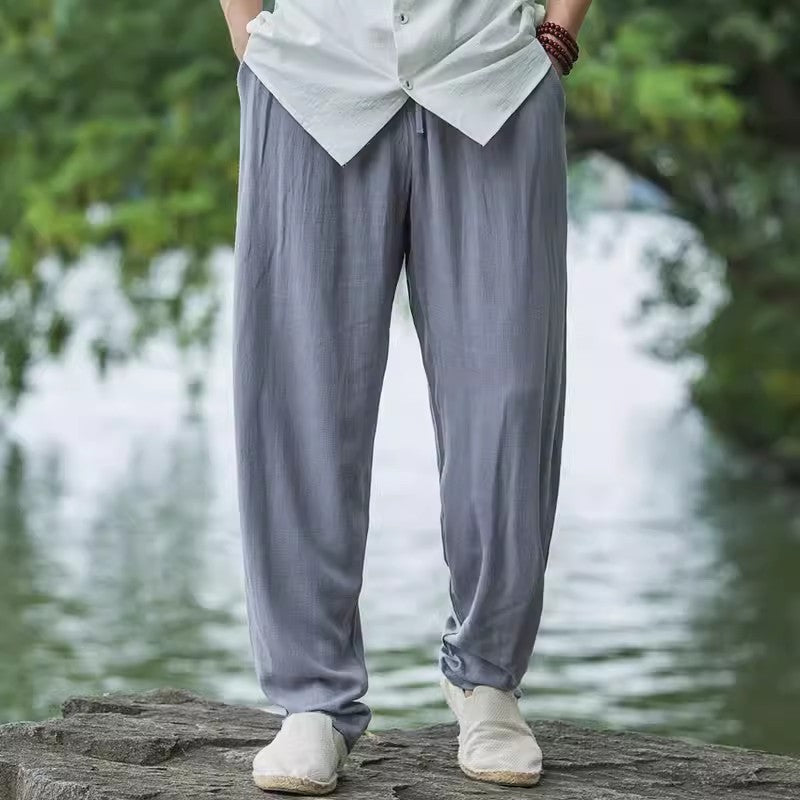 Men's Cotton Linen Casual Pants, Loose Elastic Waist Cotton Linen Tapered Pants