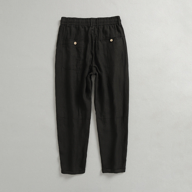 Summer loose linen ankle pants, elastic waist linen pants